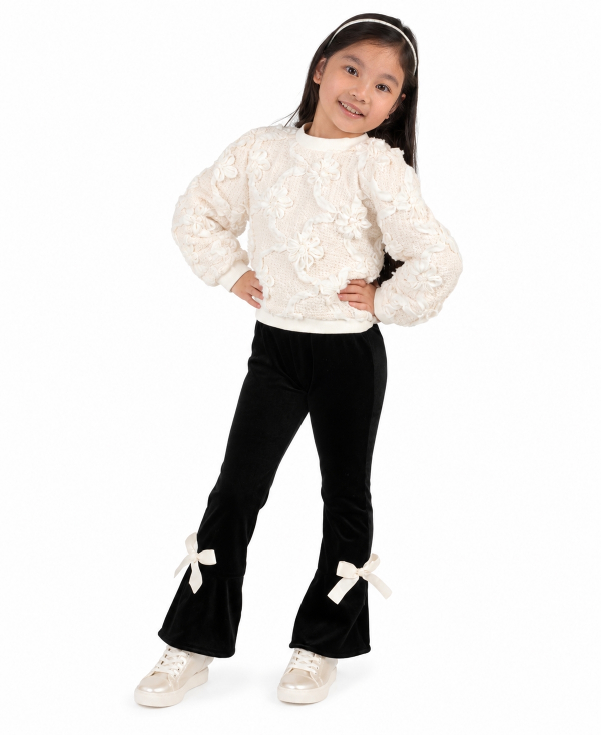 Rare Editions Toddler Girls' 2T-5T Long-Sleeve Textured Floral Applique Velvet Flare Top and Pants, 2-Piece Set