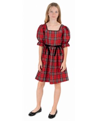 Girls' 7-16 Plaid Holiday Puff-Sleeve Dress