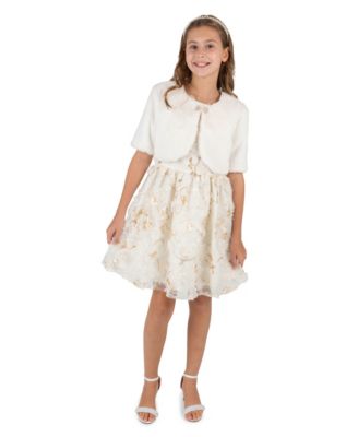 Girls' 7-16 3D Floral Holiday Faux Fur Bolero and Dress, 2-Piece Set