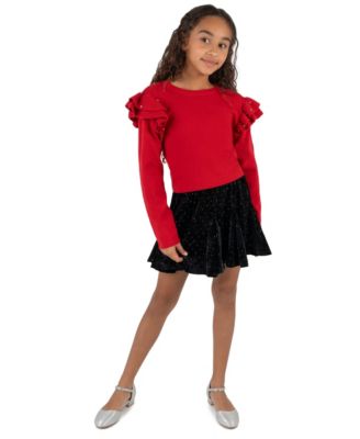 Girls' 7-12 Rhinestone-Embellished Ruffle-Shoulder Velvet Top and Skort with Hair Bow, 3-Piece Set