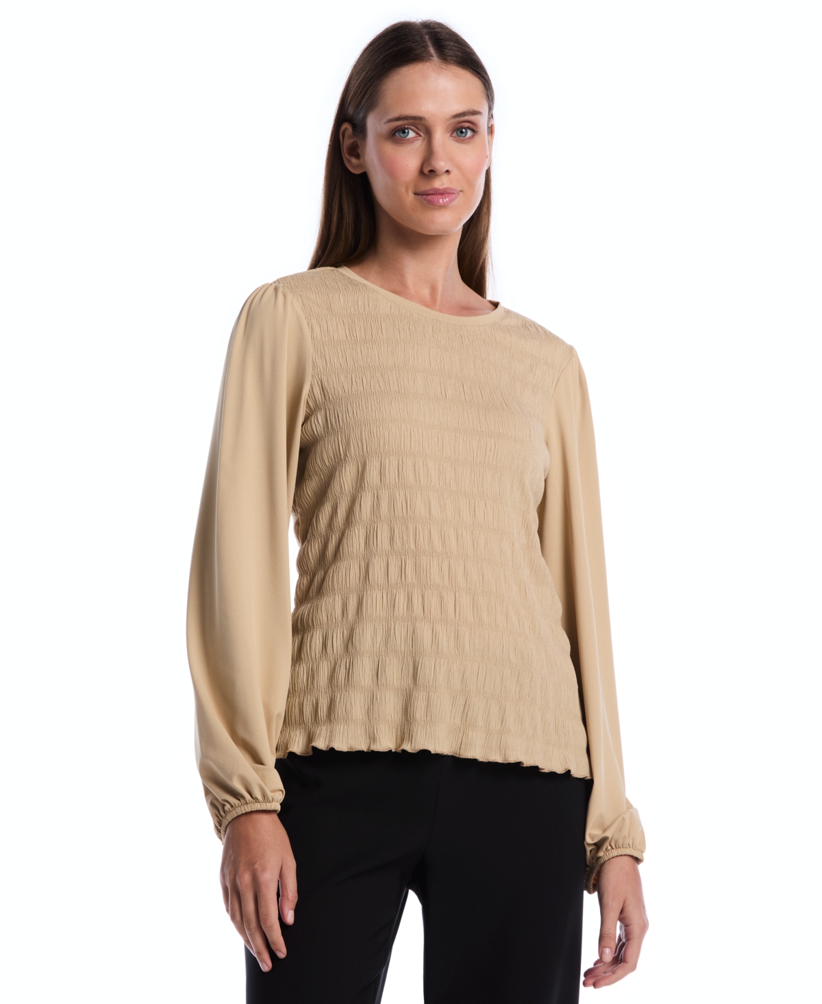Rafaella Women's Petite Puff Sleeve Crew Neck Top in Oatmeal, Size MP, Polyester/Elastane