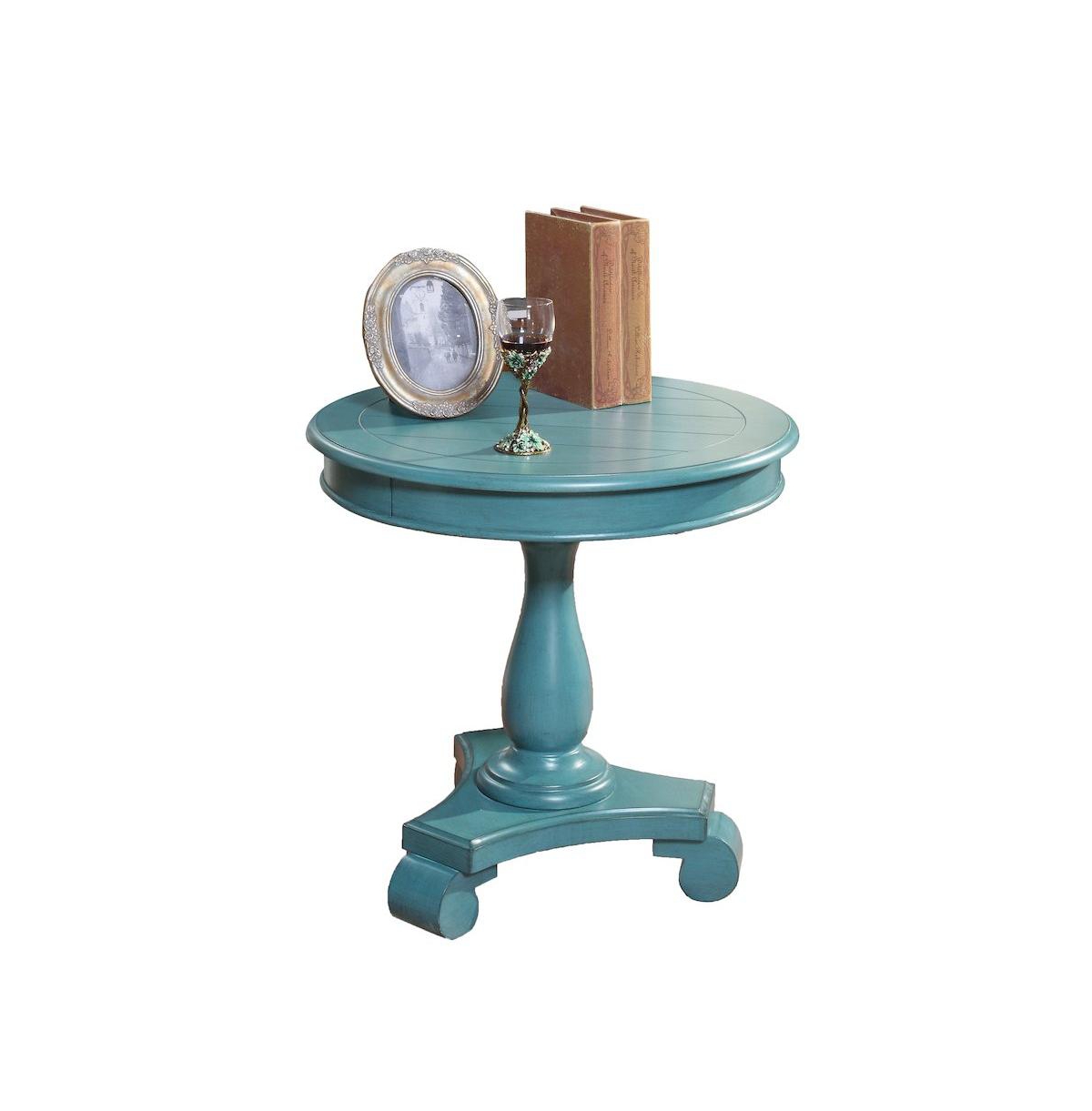 Roundhill Furniture Rene Round Wood Pedestal Side Table, Teal