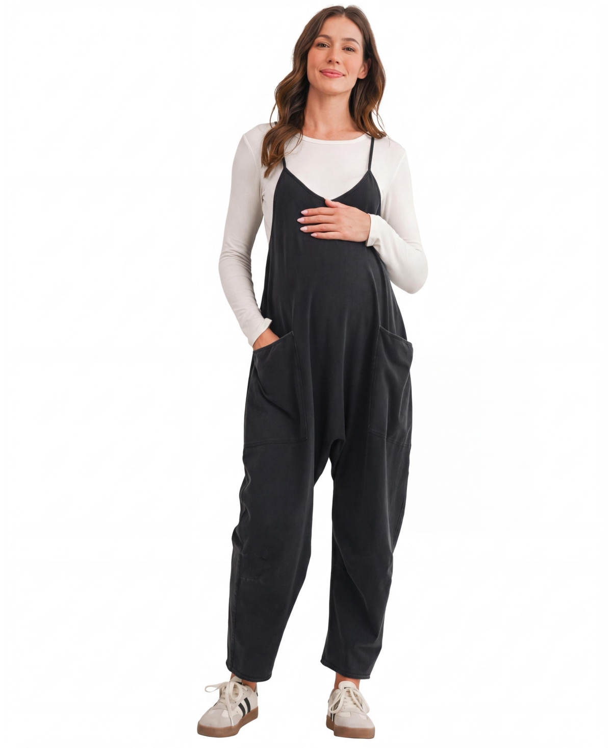 Hello Miz Maternity V-Neck Cotton-Blend Overall Jumpsuit with Oversized Front Patch Pockets