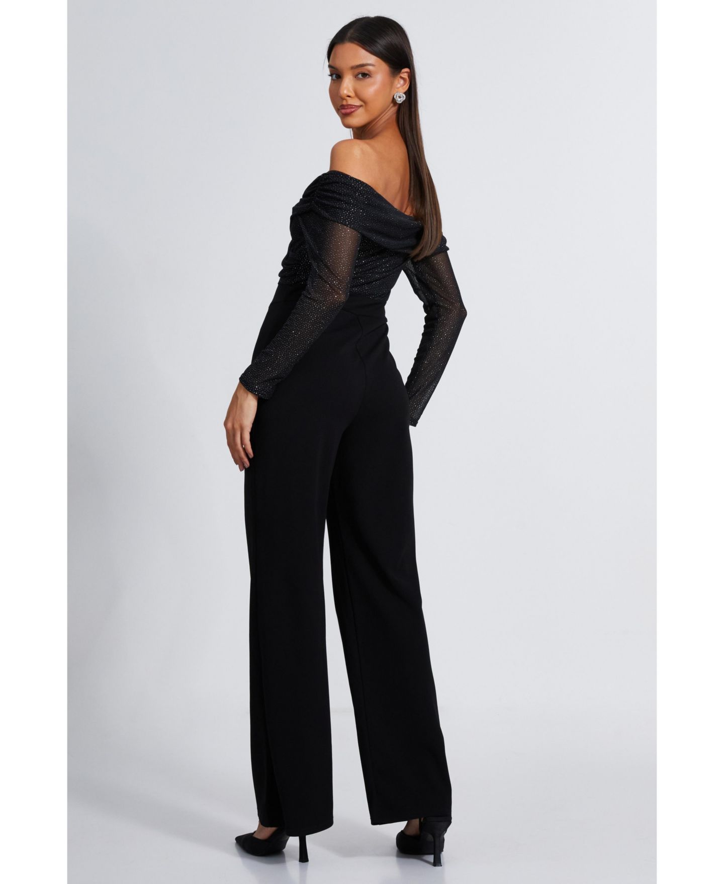 Женский комбинезон QUIZ Glitter Mesh Bardot Scuba Crepe Palazzo Jumpsuit, цвет: Чёрный — фото 4