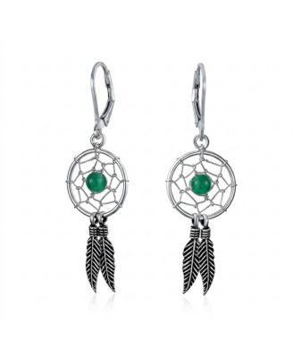 Green Turquoise Dream Catcher Feather Dangle Earrings .925 Sterling Silver