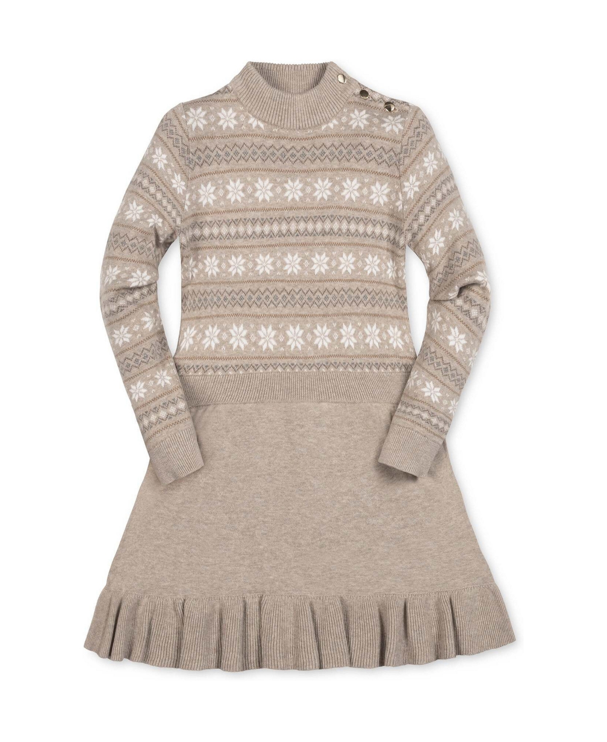 Hope & Henry Toddler Girls' 2T-5T Mock-Neck Long-Sleeve Flounce Organic Cotton Sweater Dress - Light taupe heather fair isle