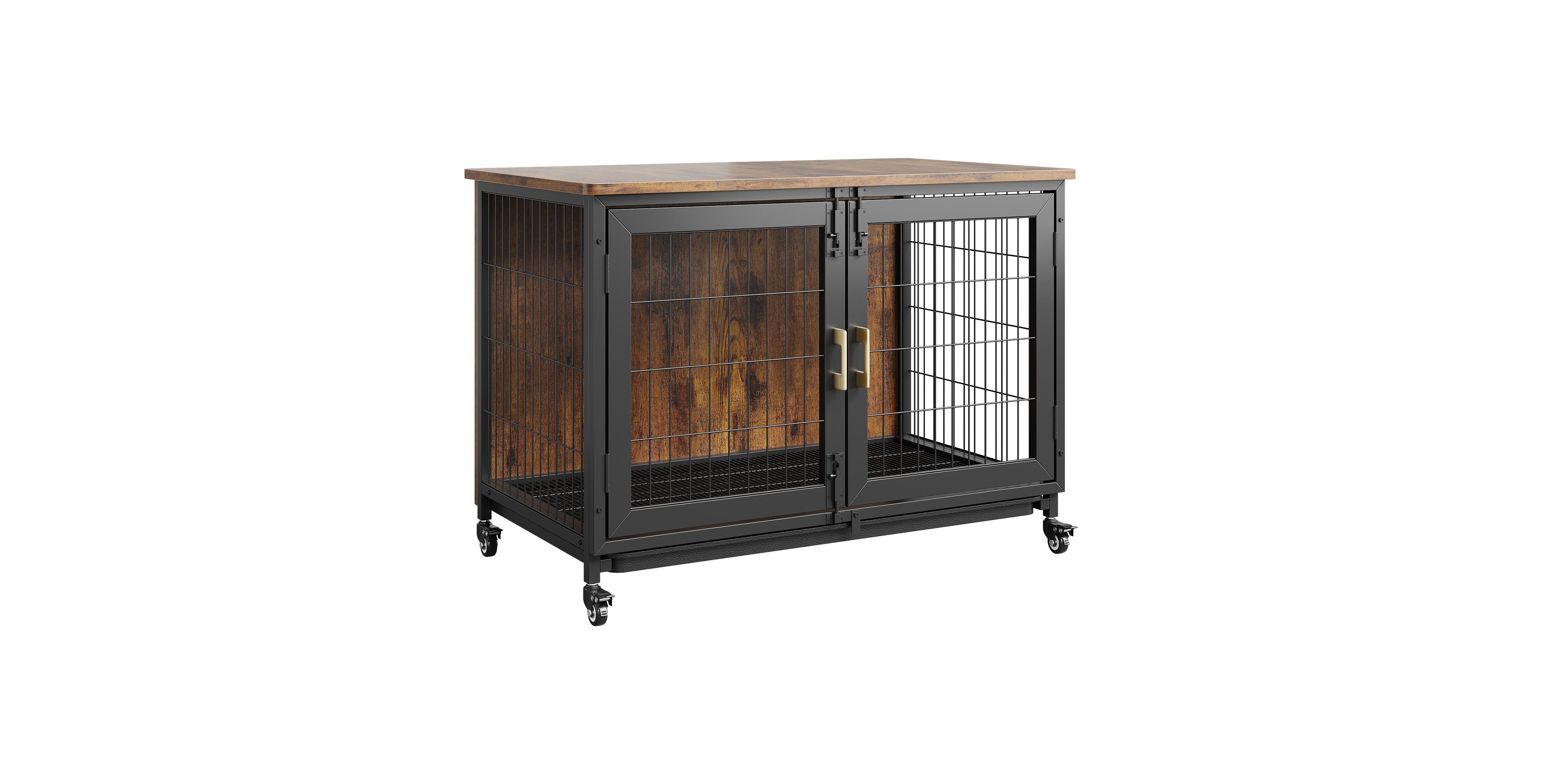 Lalfpet 37 in Wooden Dog Crate Furniture, Dog Kennel Cage with 2 Doors, 4 Wheels and Removable Tray