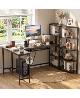 63" U-shaped Computer Desk with Power Outlets, 5-Tier Bookshelf, Monitor Stand