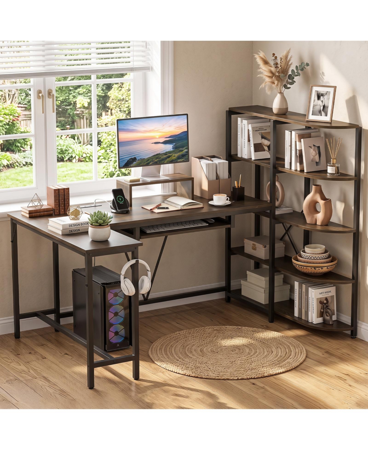 Costway 63" U-shaped Computer Desk with Power Outlets, 5-Tier Bookshelf, Monitor Stand - Brown