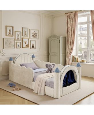 Twin Size Castle Bed with Guardrail, Curtain and Boucle Fabric