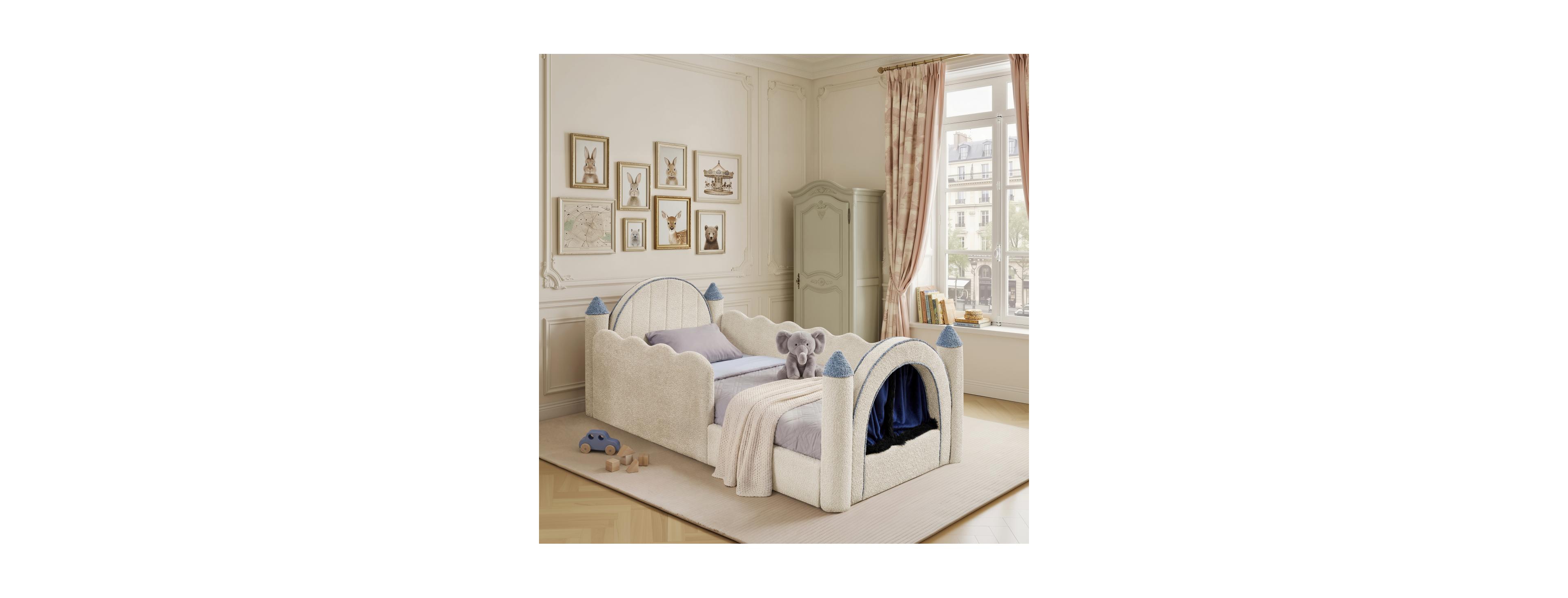 Streamdale Furniture Twin Size Castle Bed with Guardrail, Curtain and Boucle Fabric