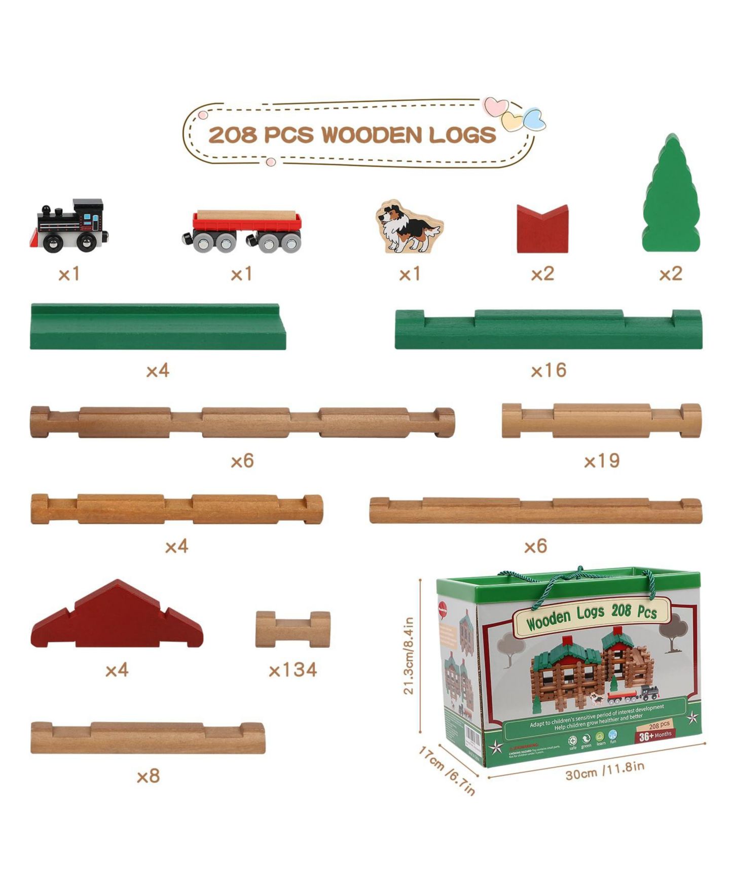 Детский конструктор GNUADZ Wooden Log 208-Piece Building Set, Ages 3+, цвет: Classic — фото 5