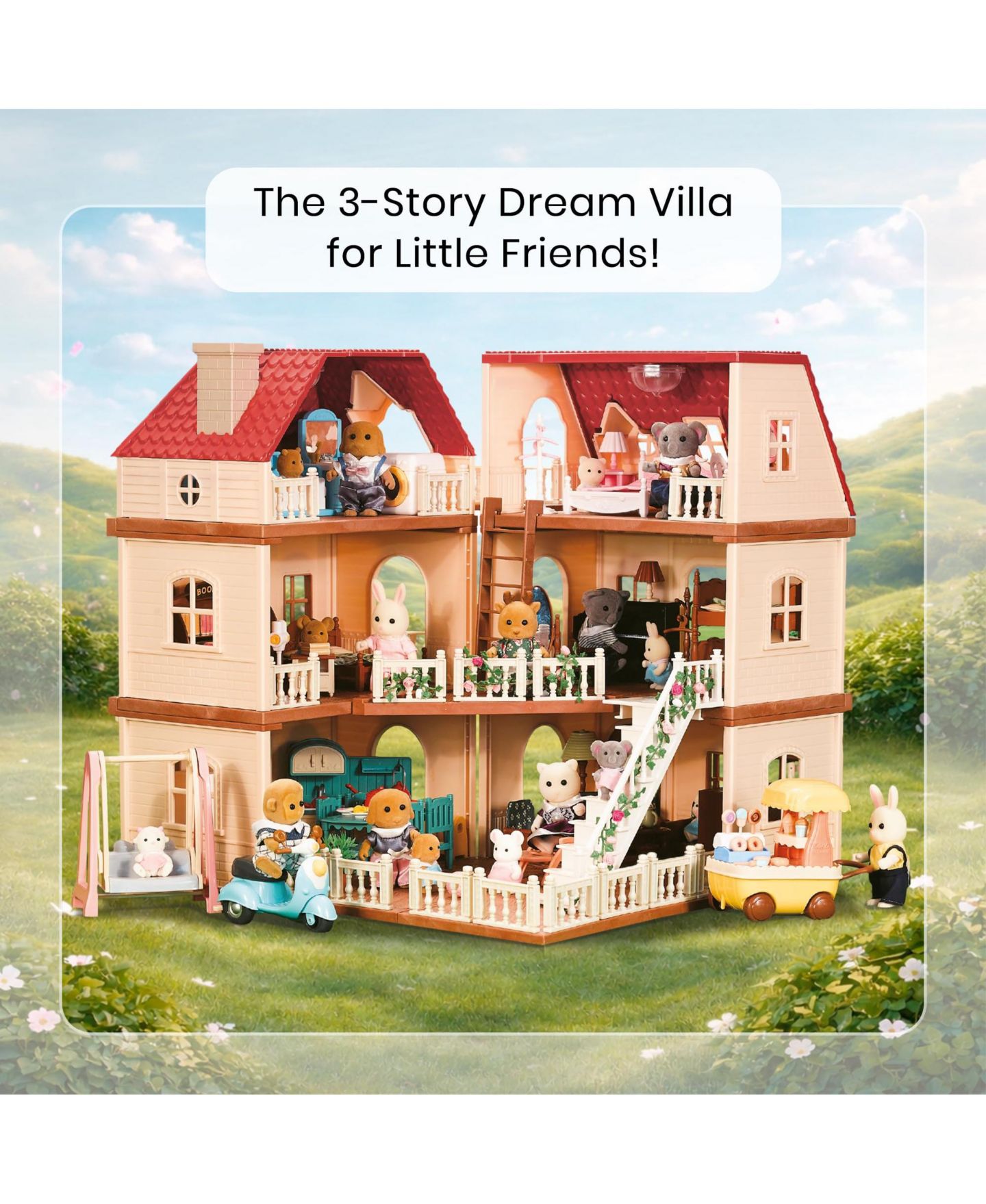 Детские аксессуары для кукол GNUADZ 3-Story Modular Dollhouse with Furniture and Accessories, Ages 3+, цвет: Manor Villa — фото 4