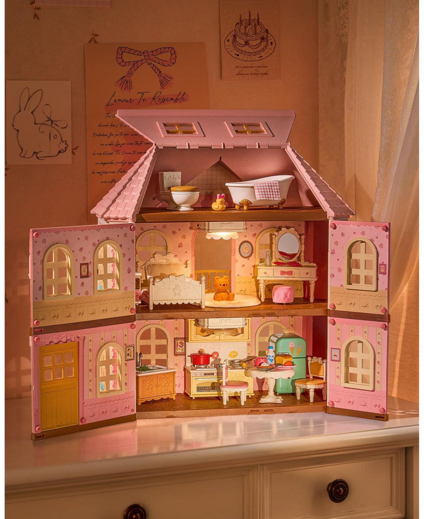 Детские аксессуары для кукол GNUADZ Diy 3-Story Dollhouse with LED Lighting, 14 Furniture Accessories, Ages 3+, цвет: Розовый — фото 3