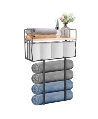 Towel Rack Wall Mounted Metal Basket Wooden Shelf Bathroom Hardware