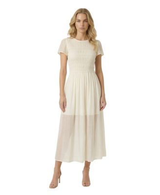 Women's Sheer Overlay Smocked Bodice Midi Dress