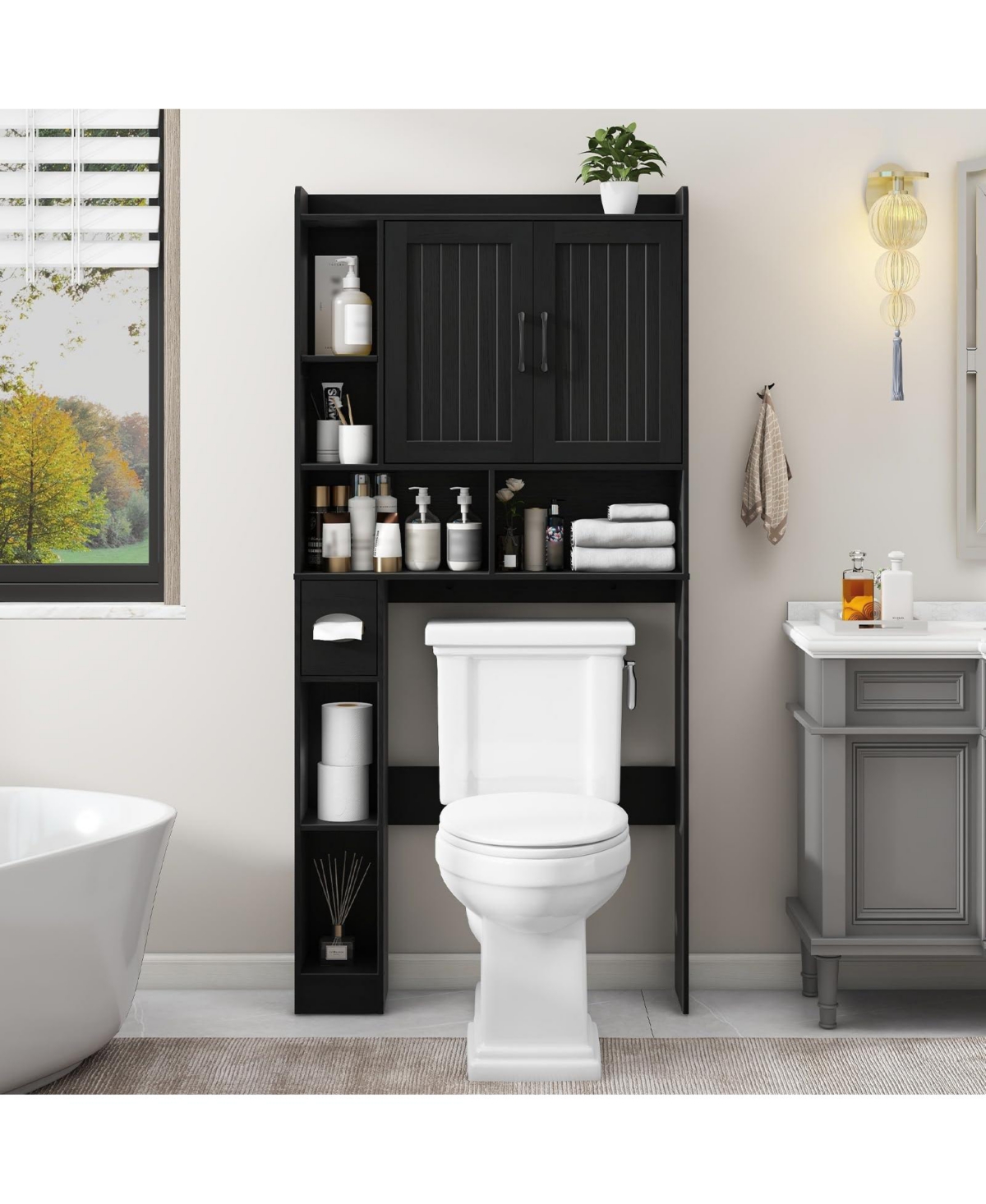 Vabches Farmhouse Over-the-Toilet Storage Cabinet with 2 Barn Doors Adjustable Shelves and Tissue Holder for Bathroom