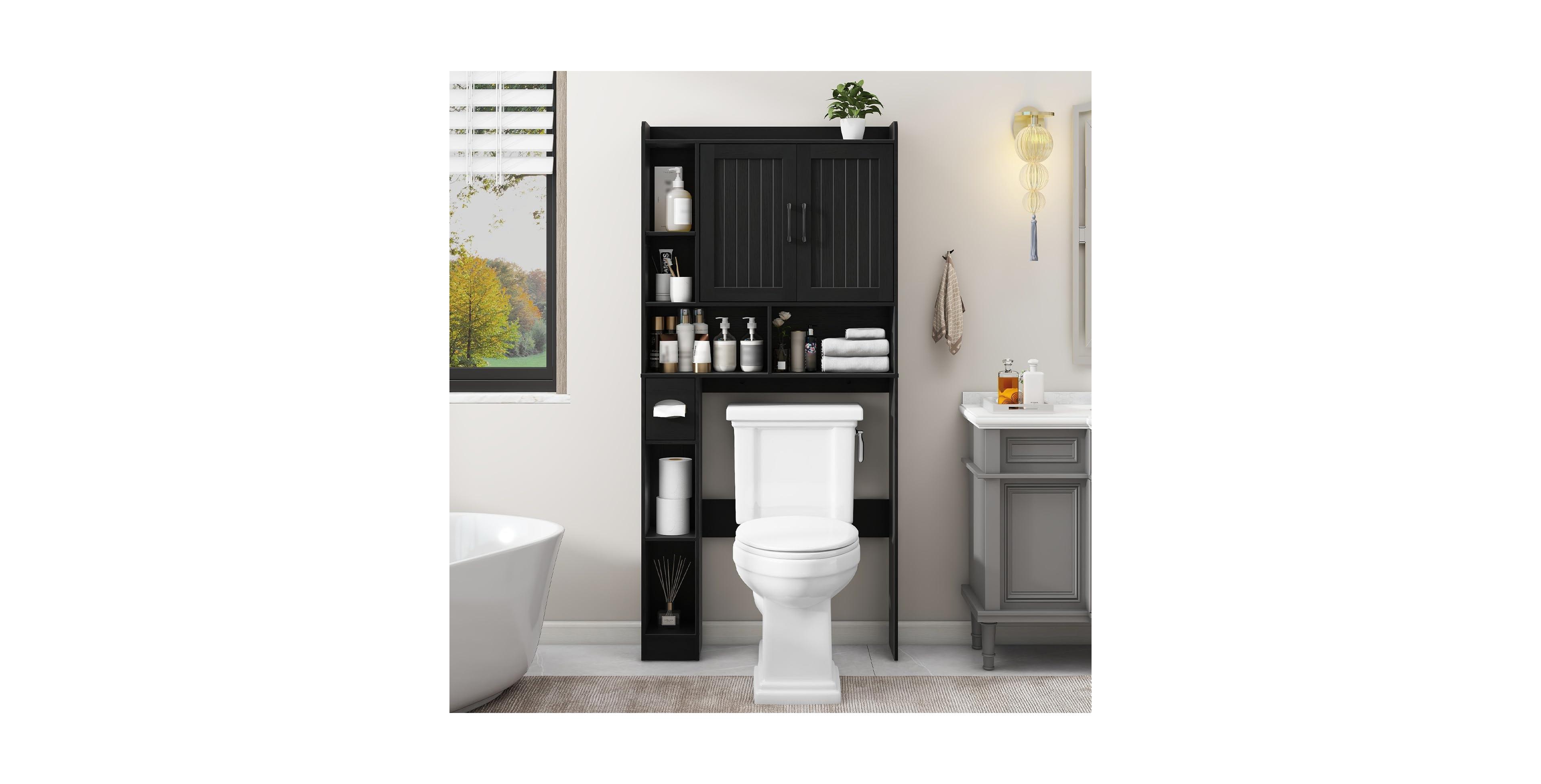 Vabches Farmhouse Over-the-Toilet Storage Cabinet with 2 Barn Doors Adjustable Shelves and Tissue Holder for Bathroom