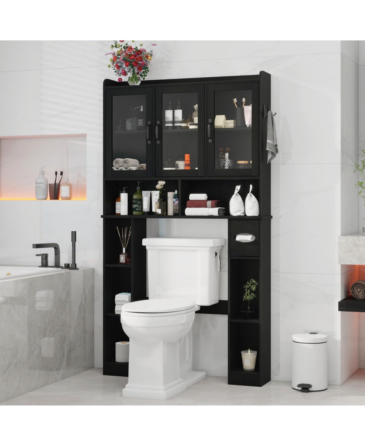 Vabches Over-the-Toilet Storage with 3 Glass Doors and 7-Shelf