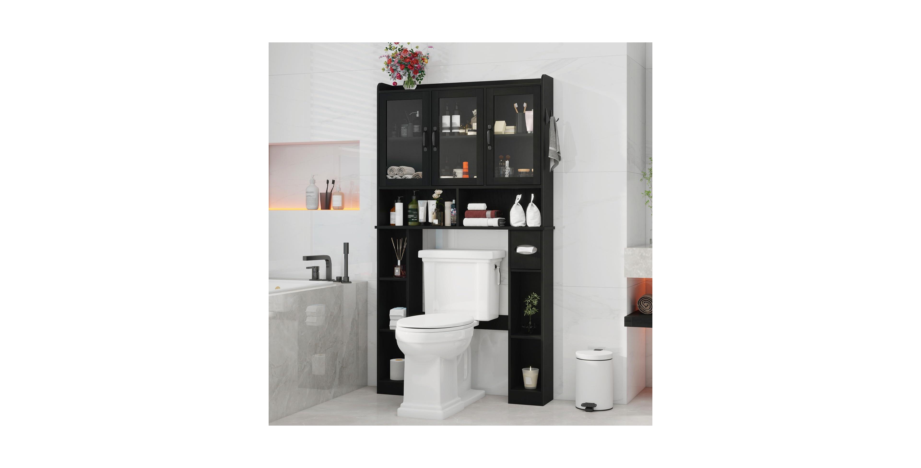 Vabches Over-the-Toilet Storage with 3 Glass Doors and 7-Shelf