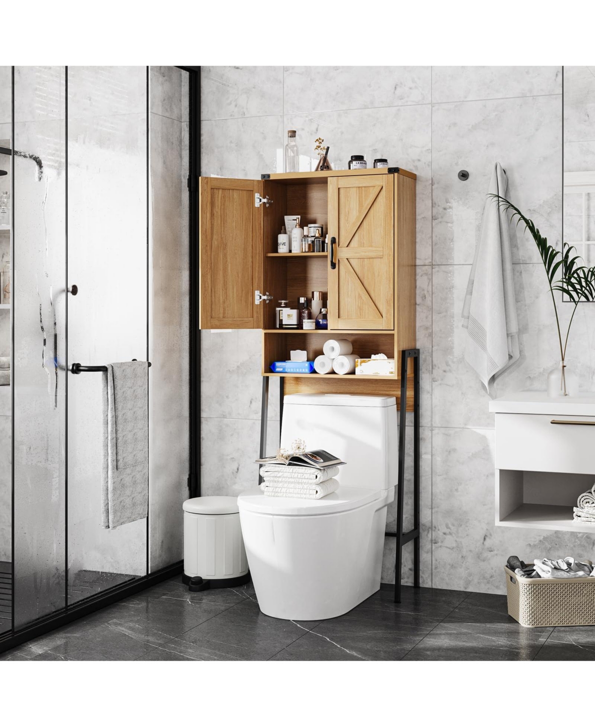 Vabches Farmhouse Over-the-Toilet Storage Cabinet with 2 Barn Doors Adjustable Shelves and Black Metal Legs for Bathroom