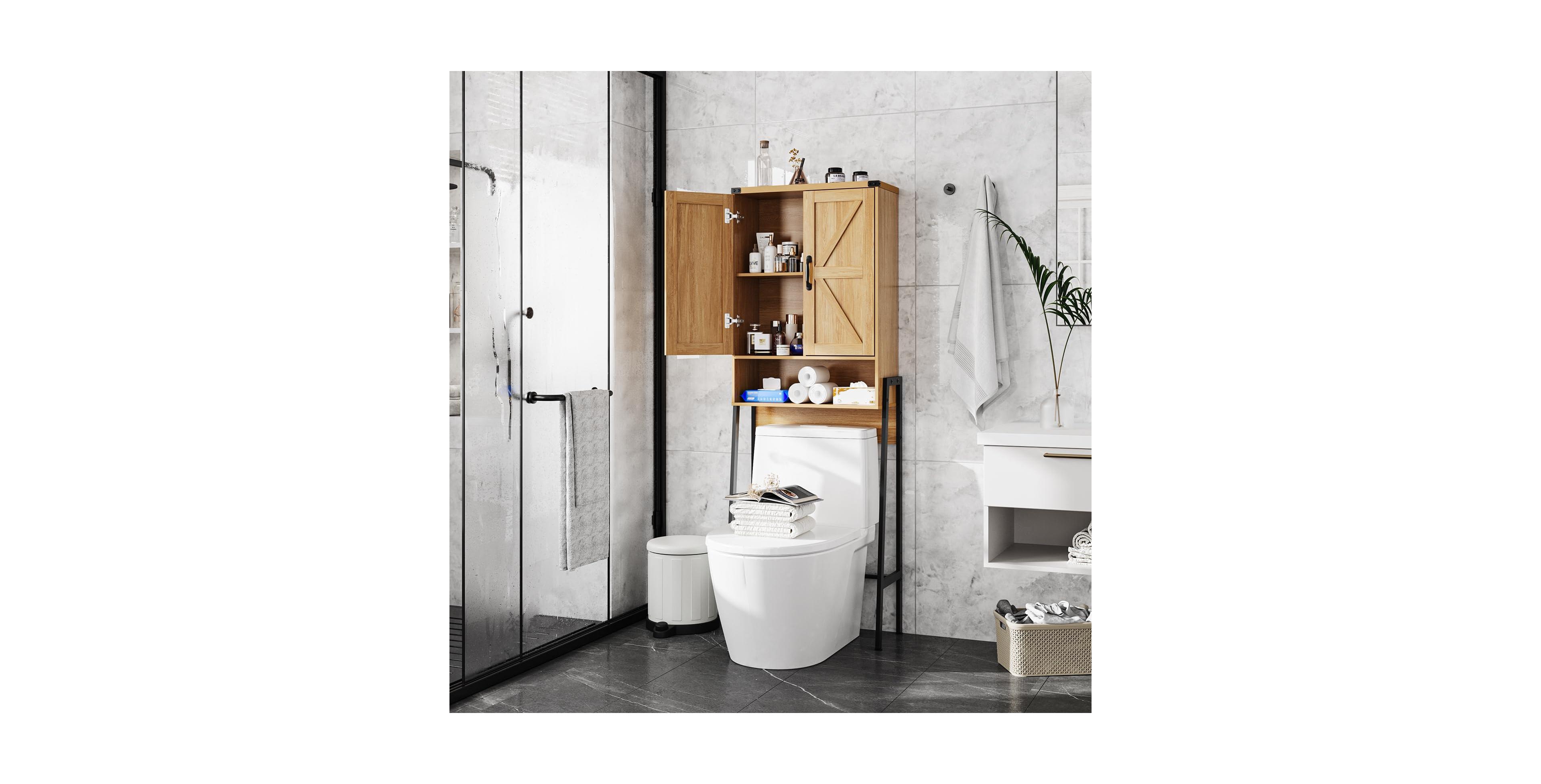 Vabches Farmhouse Over-the-Toilet Storage Cabinet with 2 Barn Doors Adjustable Shelves and Black Metal Legs for Bathroom