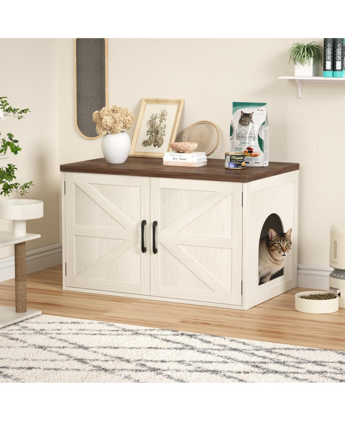 Vabches Large Litterbox Cabinet with Barn Doors, Indoor Cat House for Living Room