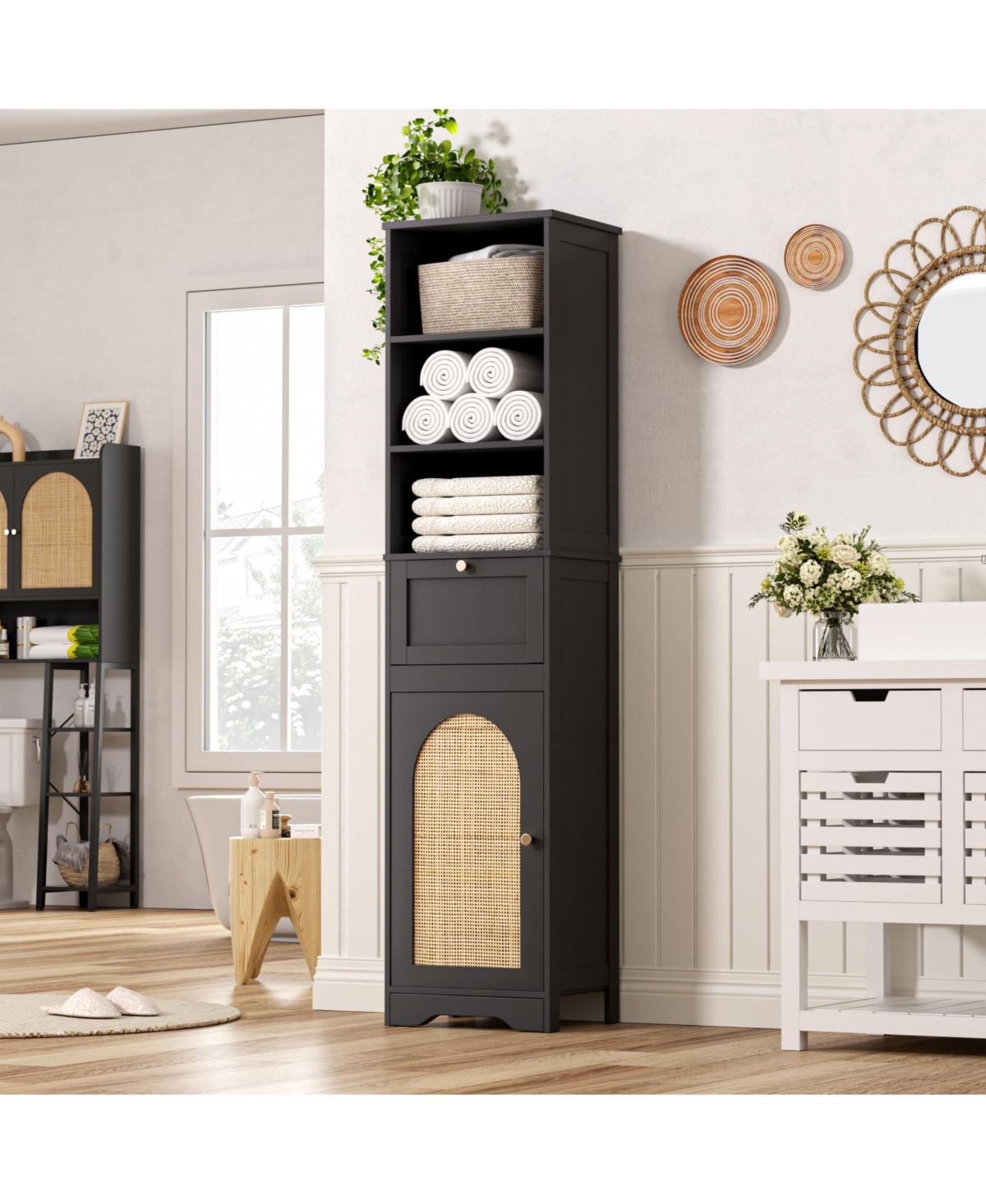 Vabches 67" H Tall Narrow Storage Cabinet with Adjustable Shelves and Slide Storage