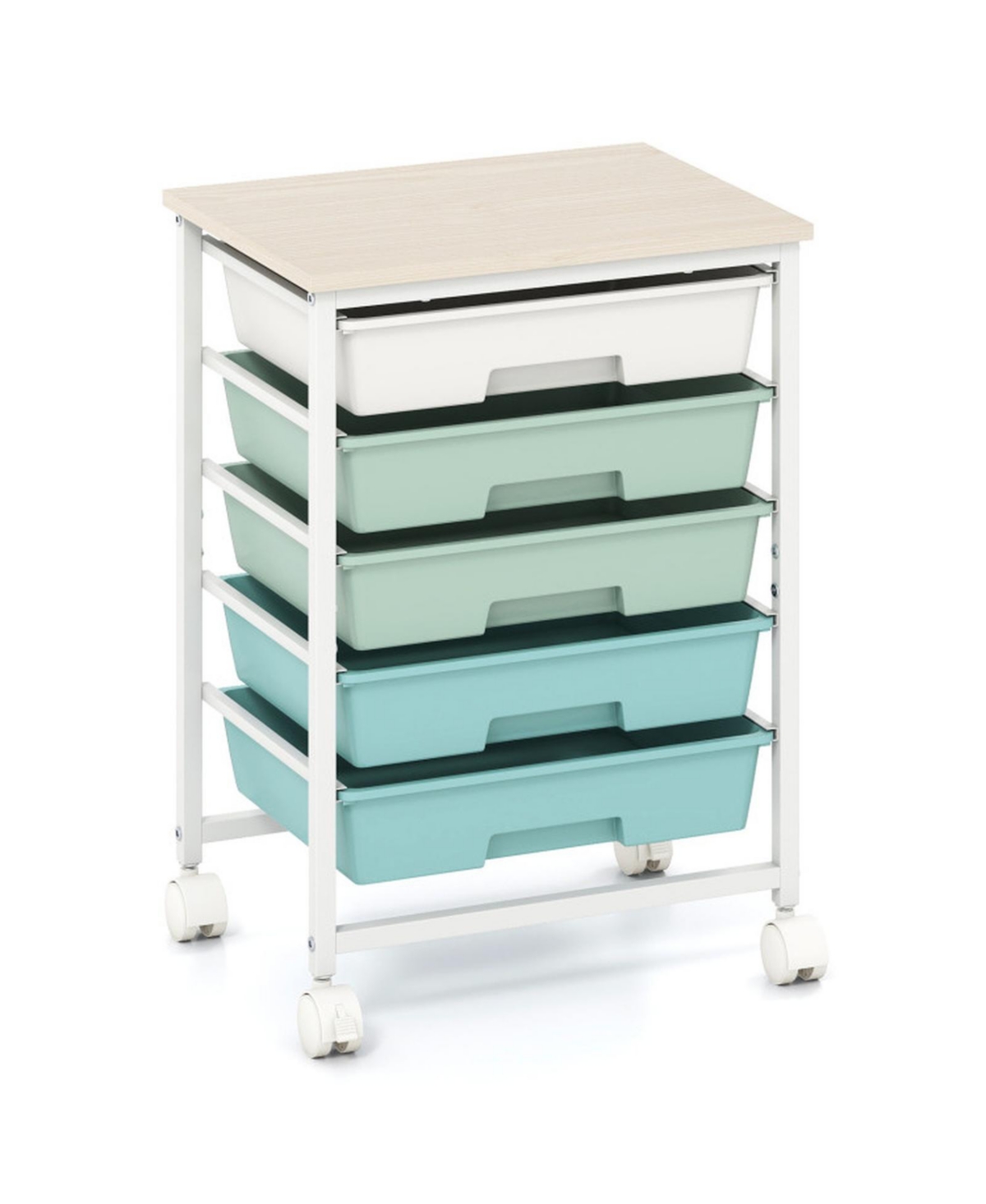 Gouun 5-Drawer Rolling Storage Cart with Wood Tabletop and Lockable Casters