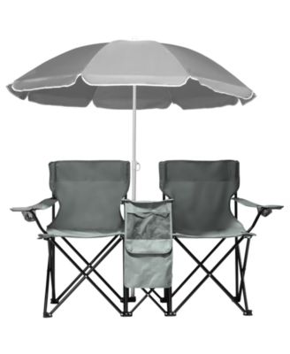 2-Seat Outdoor Folding Chair with Removable Umbrella for Beach, Camping and Fishing