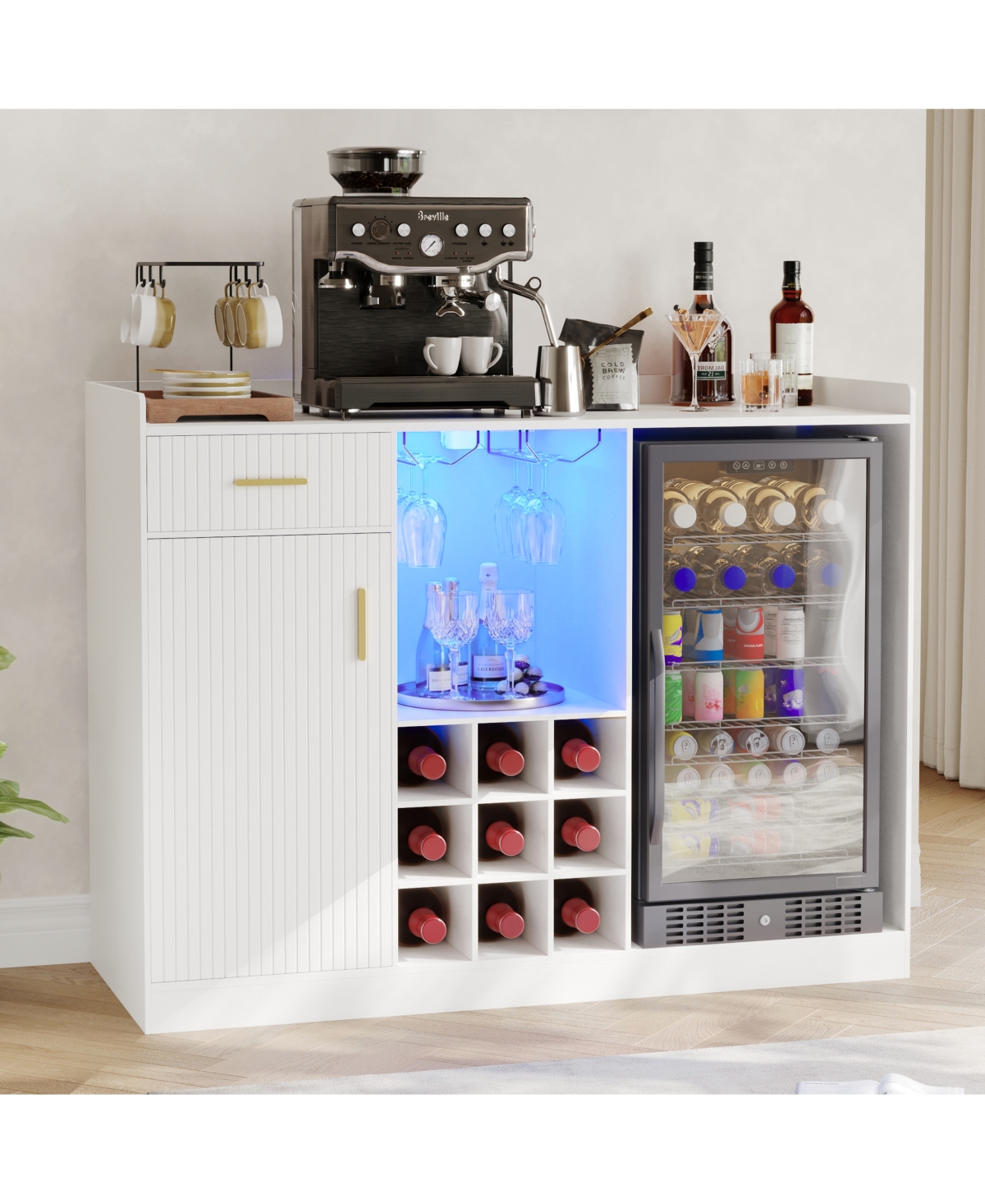 gaomon 53.15 Inch Engineered Wood Fluted Bar Cabinet with Mini Fridge Space and Glass Holders - White