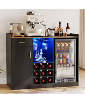 53.15 Inch Engineered Wood Fluted Bar Cabinet with Mini Fridge Space and Glass Holders