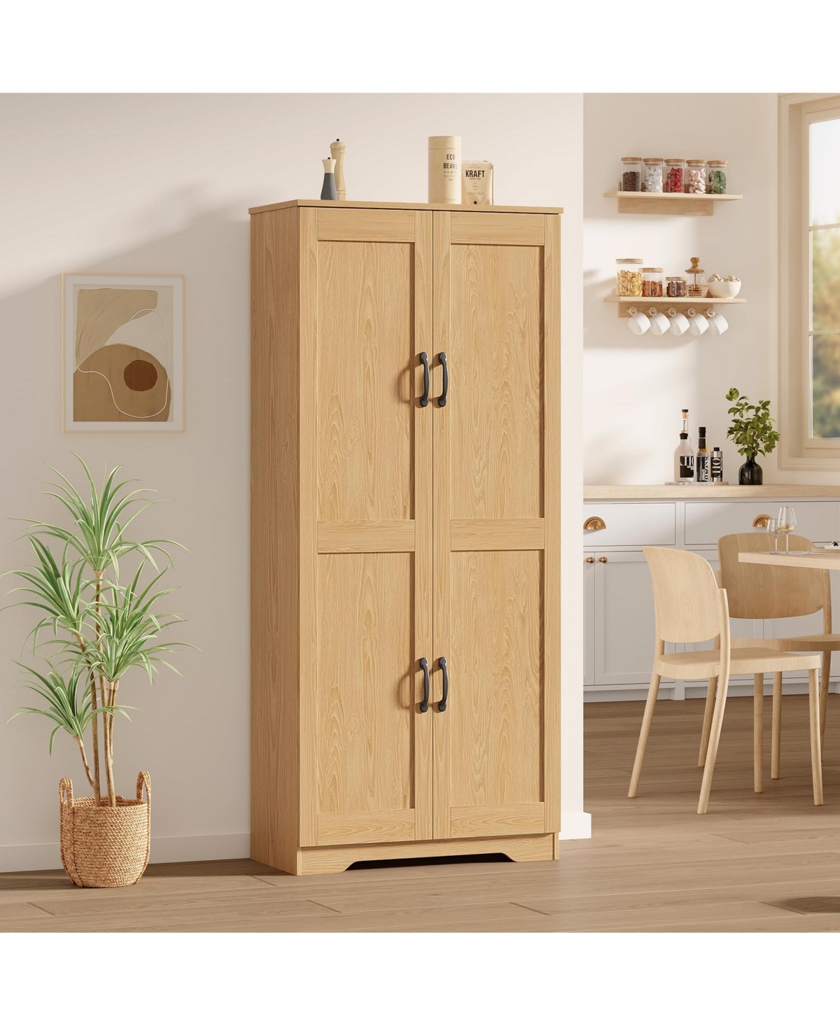 Gaomon 60 Inch Particle Board 2-Door Freestanding Storage Cabinet with 4 Adjustable Shelves - Natural
