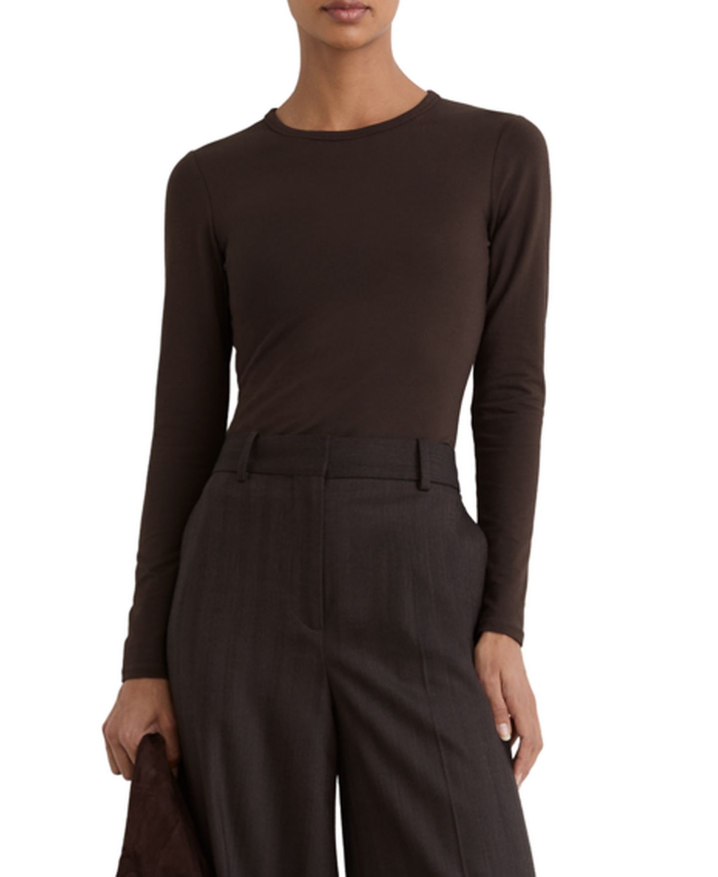Женская футболка REISS Long-Sleeve Crew Neck Regular-Fit, цвет: Шоколадный — фото 1