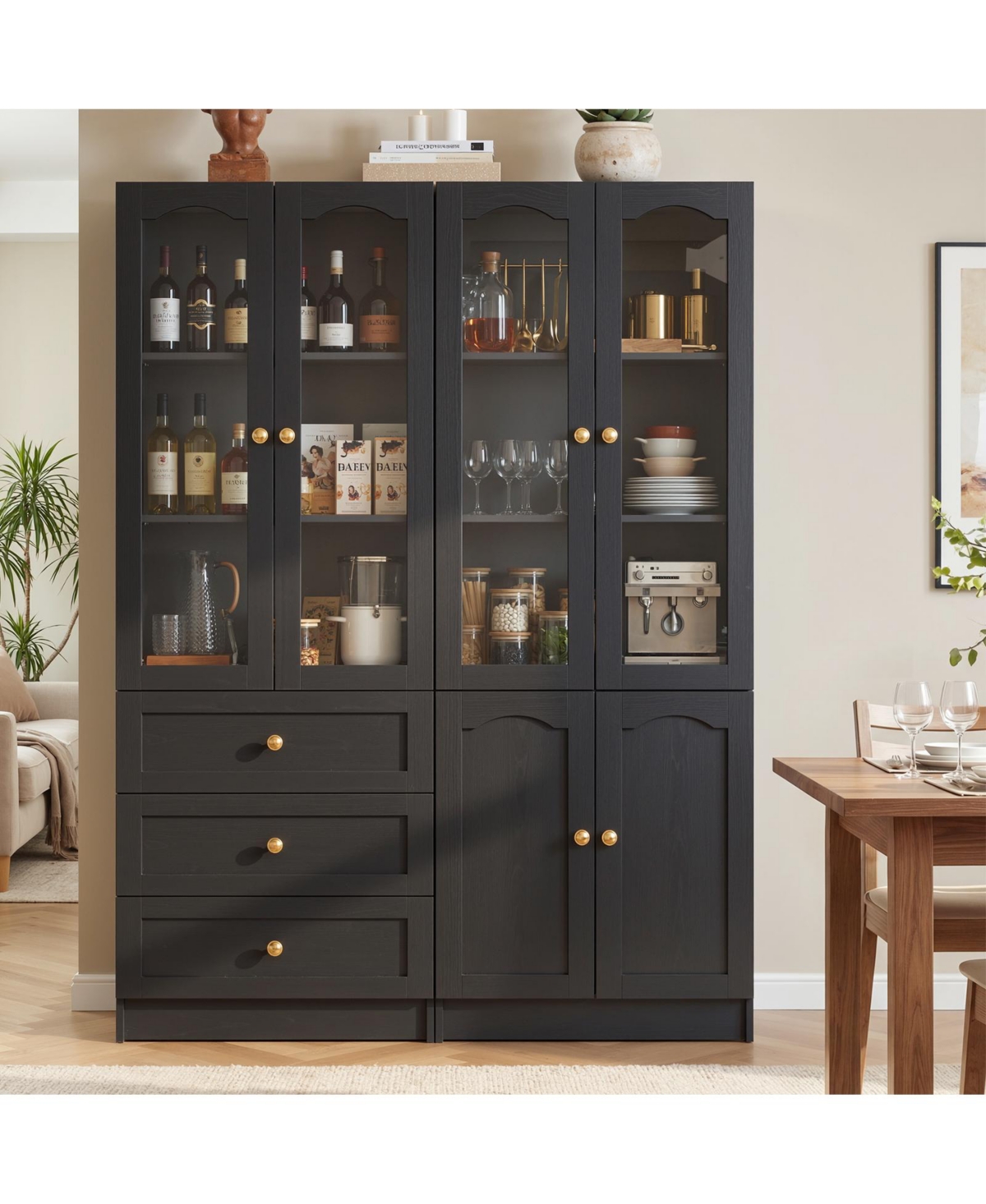 Aheaplus Pantry Cabinet Set of 2 with Drawers, Kitchen Storage Cabinet with Shelves and Doors - Black