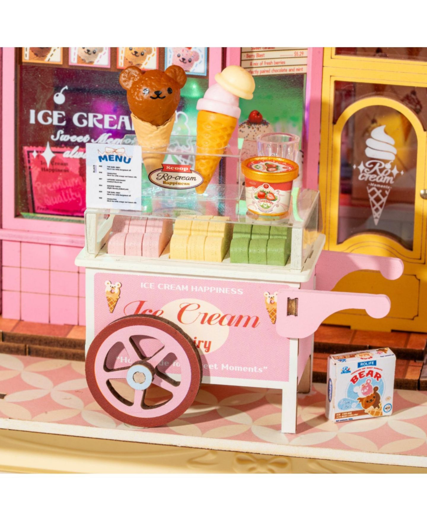 Детские куклы Robotime Sweet Scoopery Ice Cream Shop Wood Shadow Box DIY Kit, Ages 14+ — фото 2