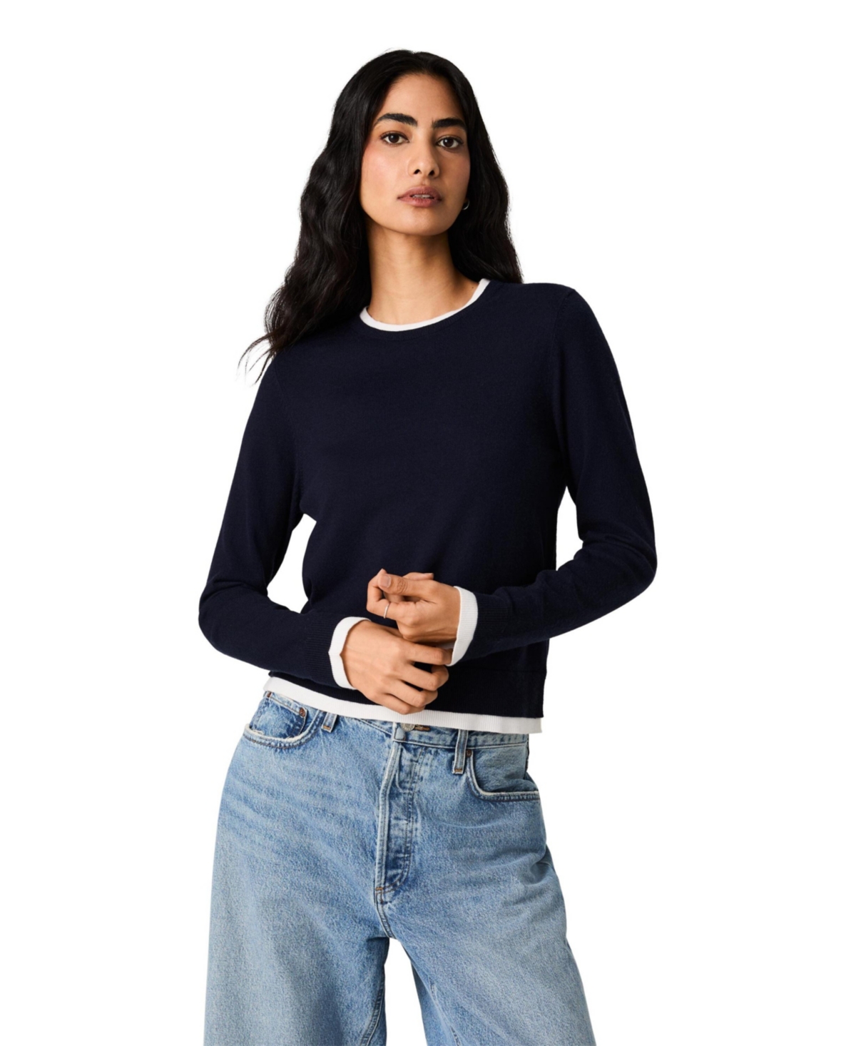 French Connection Women's Cosy Contrast Colorblock Long-Sleeve Pullover Sweater - Navy/white