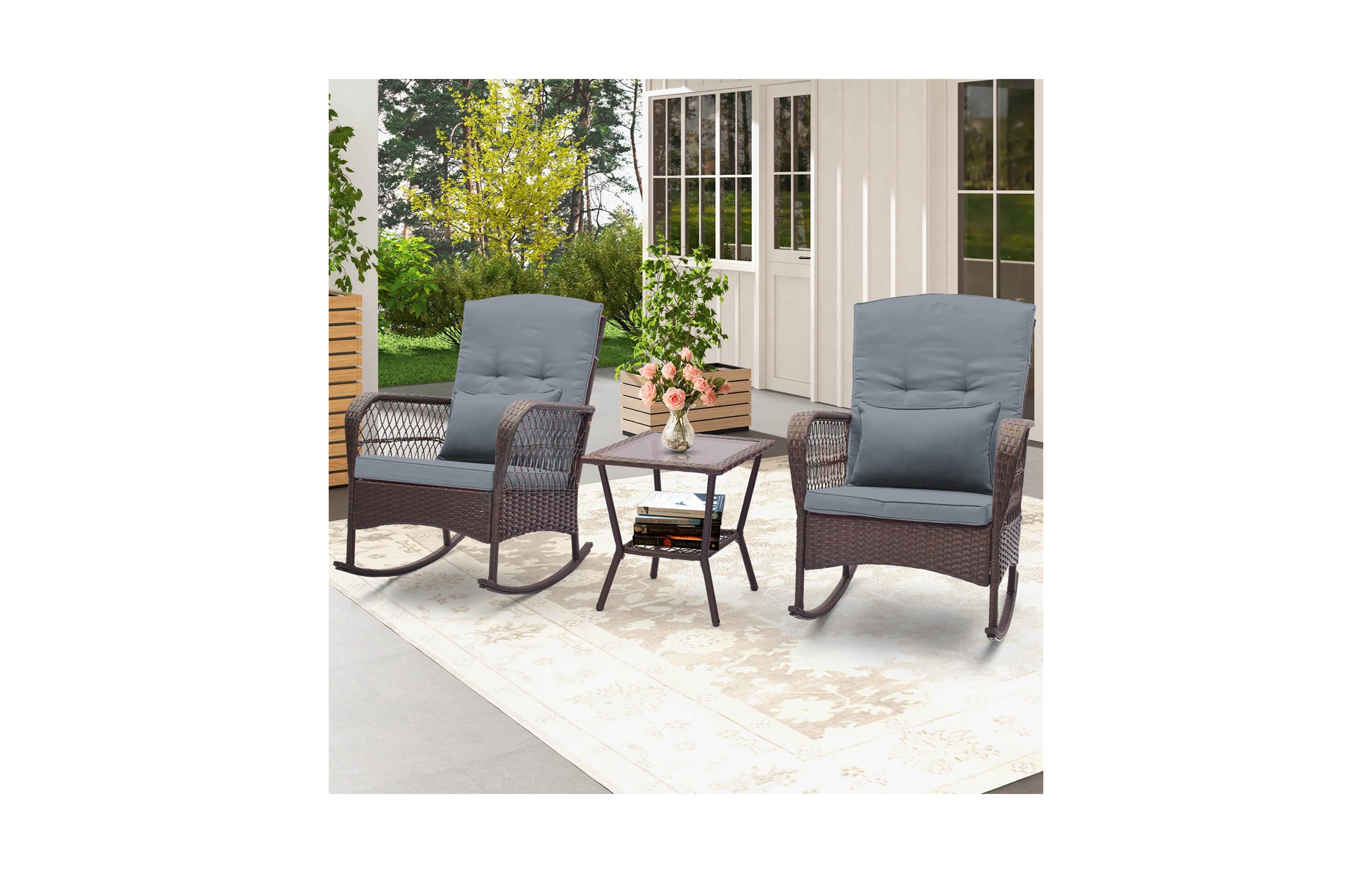 Costway 3 Pcs Patio Rocker Set Outdoor Wicker Rocking Chairs with Double-Layer Coffee Table