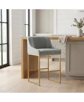 Pleated Velvet Counter Stool with Gold Legs and Modern Design