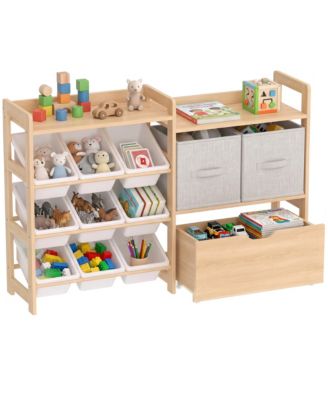 Wooden Toy Storage Organizer with Rolling Toy Chest, 2 Fabric Drawers