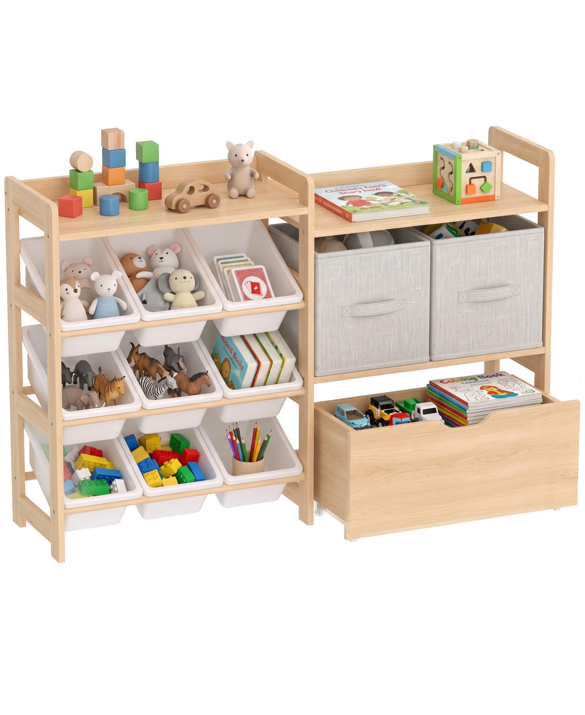 Qaba Wooden Toy Storage Organizer with Rolling Toy Chest, 2 Fabric Drawers - Natural wood