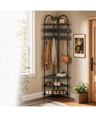 Corner Coat Rack, Freestanding Hall Tree with Hooks and Shelf, Modern Entryway Organizer for Bedroom