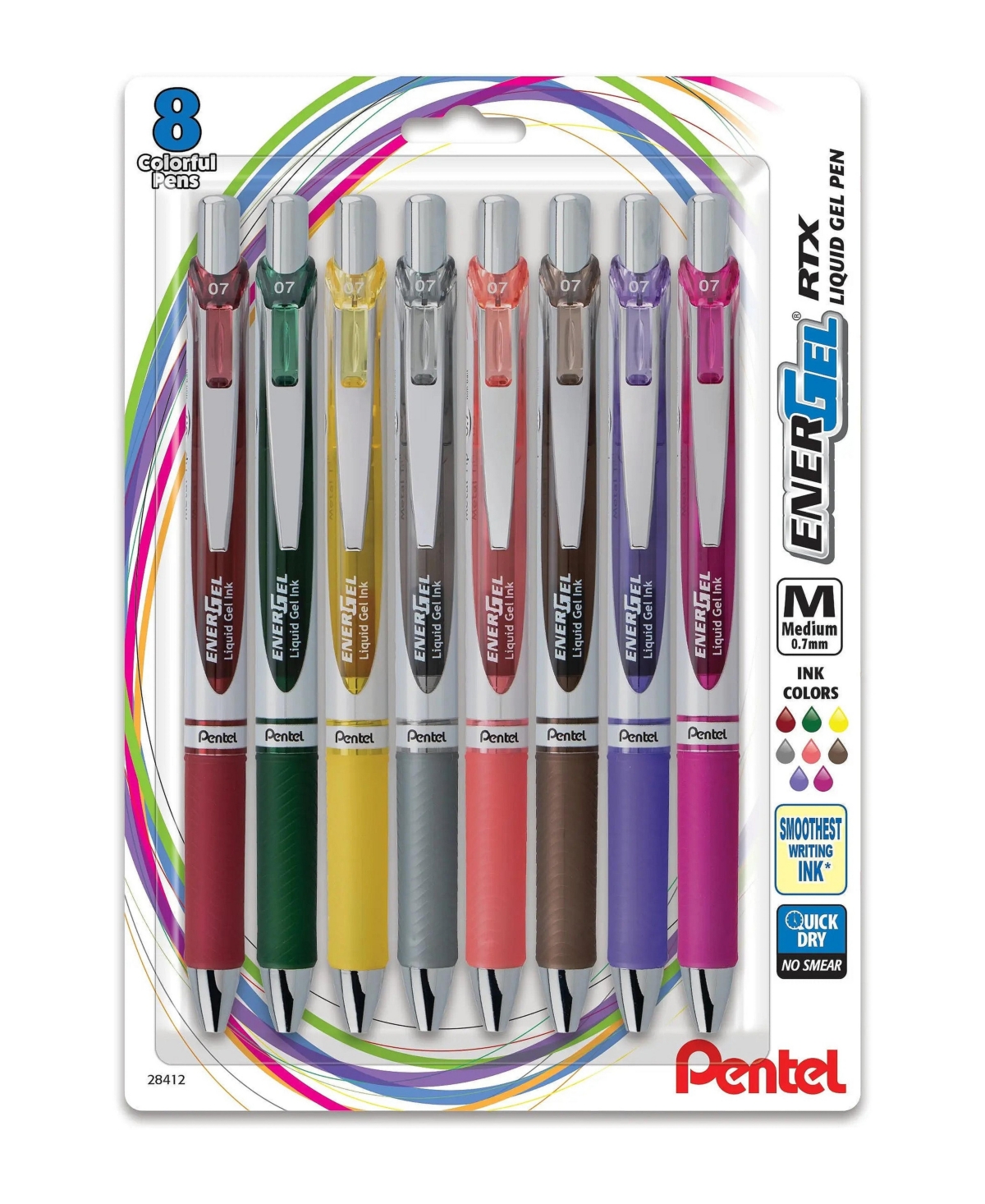 Pentel EnerGel Rtx Retractable Liquid Gel Pen, 0.7mm Medium Line, Metal Tip, Assorted Ink Mix 3, 8-Pk