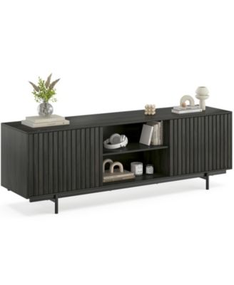 63 Inch Mid Century Fluted Retro Pop-Up Door TV Stand for 75 Inch TV with Removable Storage Shelves