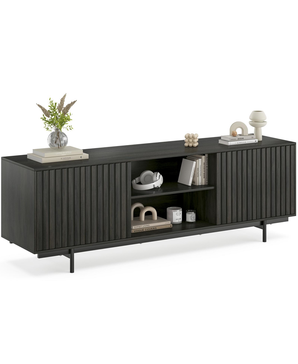 Flynama 63 Inch Mid Century Fluted Retro Pop-Up Door Tv Stand for 75 Inch Tv with Removable Storage Shelves