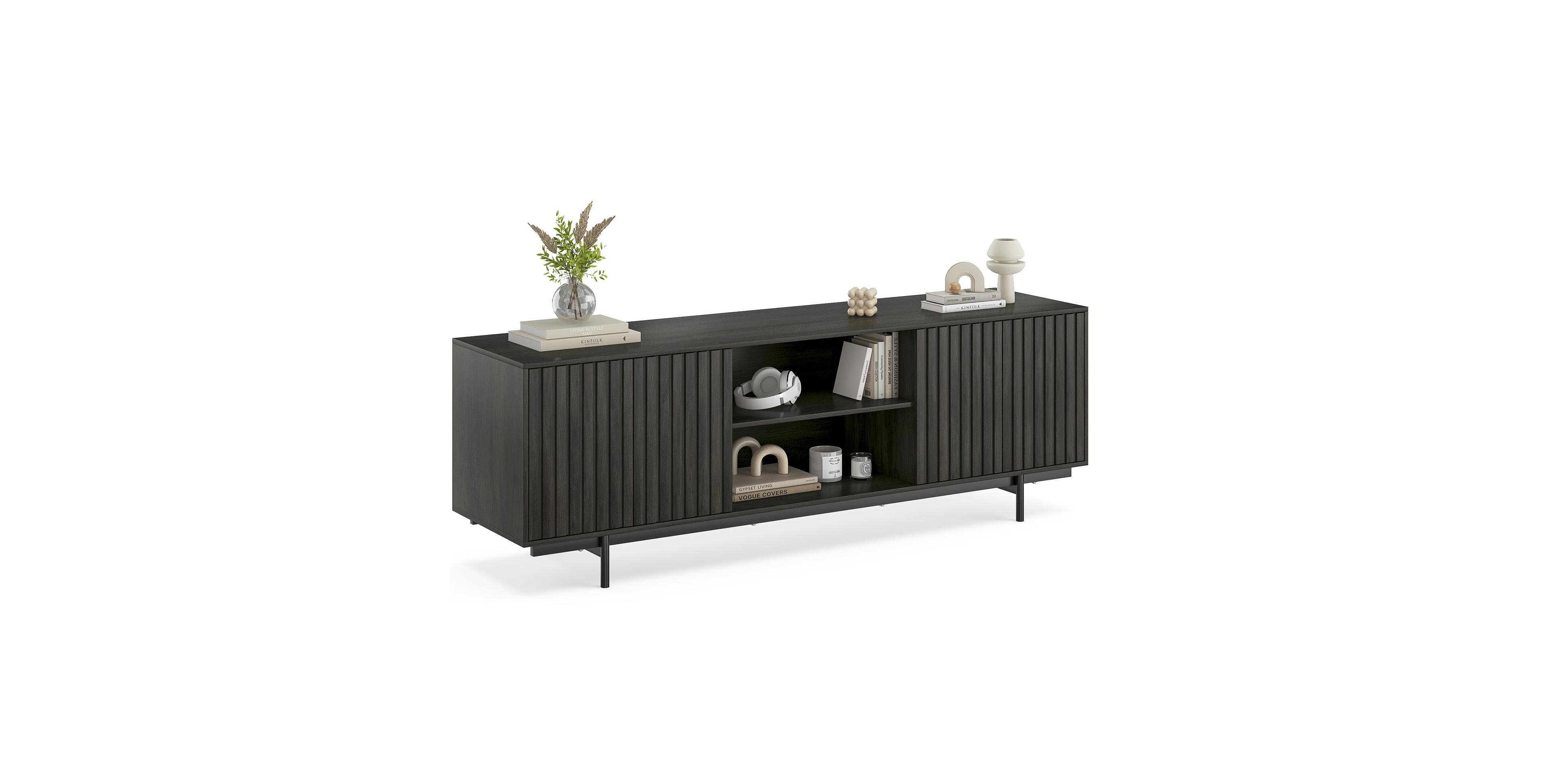 Flynama 63 Inch Mid Century Fluted Retro Pop-Up Door Tv Stand for 75 Inch Tv with Removable Storage Shelves