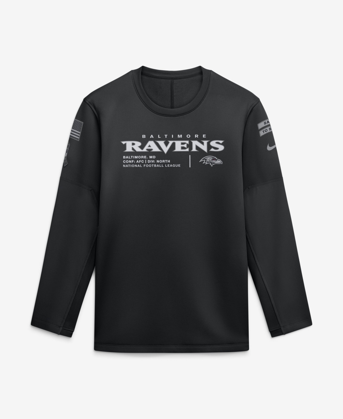 Nike Men's Black Baltimore Ravens 2026 Salute to Service Sideline Coaches Crewneck Therma-fit Sweatshirt