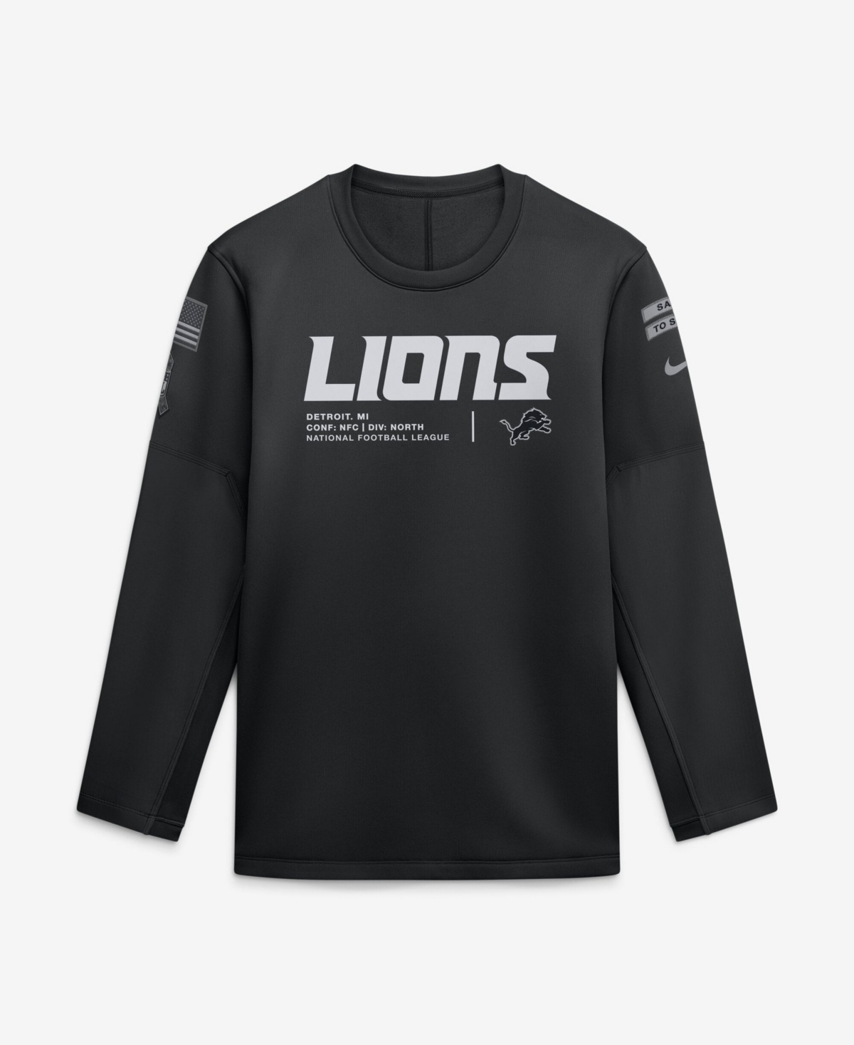 Nike Men's Black Detroit Lions 2026 Salute to Service Sideline Coaches Crewneck Therma-fit Sweatshirt