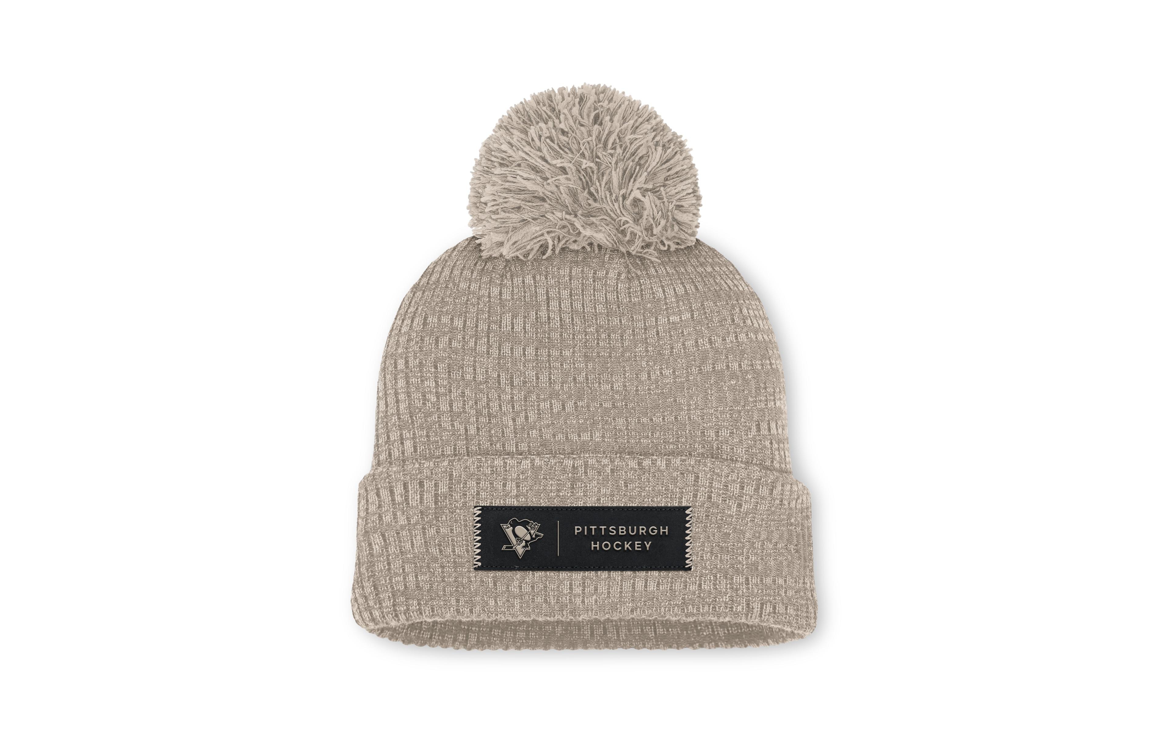 Fanatics Women's Light Beige Pittsburgh Penguins Authentic Pro Road Cuffed Knit with Pom Hat