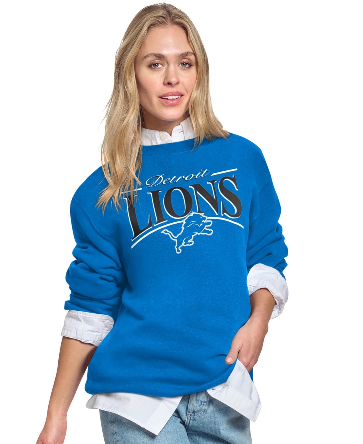 Starter Women's Blue Detroit Lions Arch Stripe Fleece Crewneck Sweatshirt - Blue